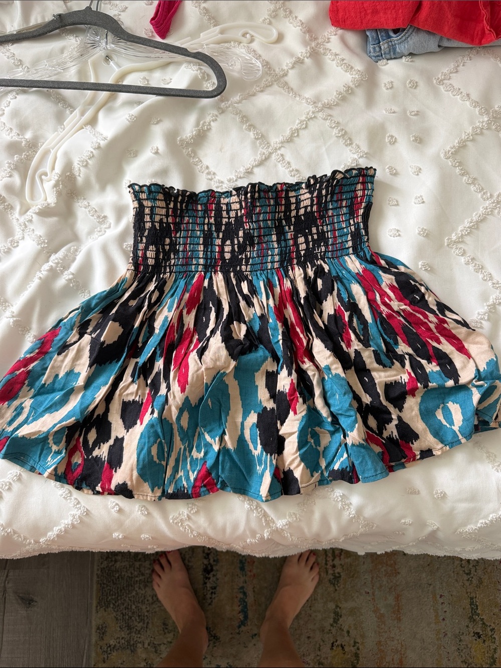 Smocked Waist Teal and Red Printed Women's Skirt